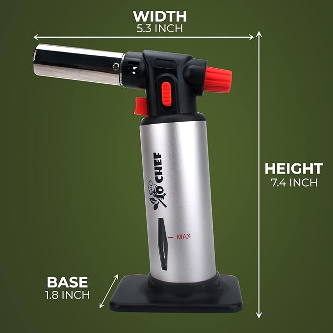 Jo Chef Kitchen Torch with Butane Included – Refillable Lighter with Safety Lock & Adjustable Flame, Blow Culinary Torch for Cooking, BBQ, Creme Brulee, DIY and Soldering - 2 Cans (5.07oz) Included