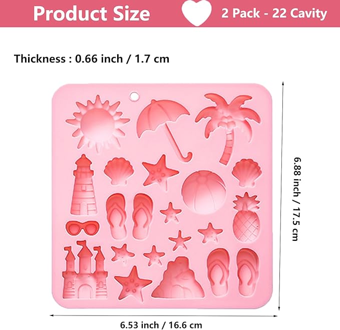 Summer Beach Theme Silicone Molds, Summer Beach Chocolate Silicone Molds 44 Cavity Gummy Mold Candy Mold for DIY Resin Product Cookie Ice Cube Baking Mould 2PCS Pink
