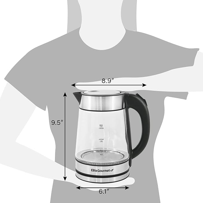 Elite Gourmet EKT602X Glass Electric Tea Kettle Hot Water Heater Boiler BPA-Free with Blue LED Interior, Fast Boil and Auto Shut-Off, Strix Controller, 1.7L, Stainless Steel