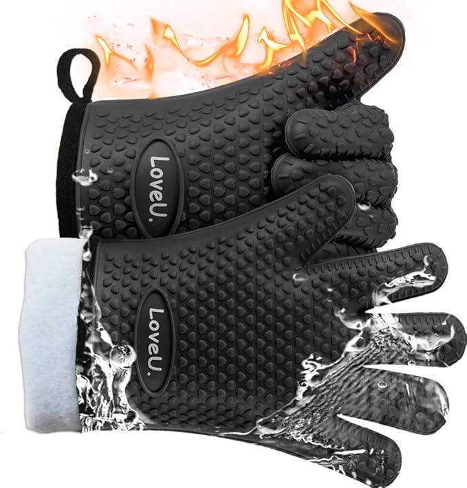 Kitchen Oven Gloves - Dual-Layer Heat Resistant Grilling Gloves, Silicone Oven Mitts with 5 Fingers, Waterproof Non-Slip Pot Holder for Barbecue, Cooking, Baking (Black)