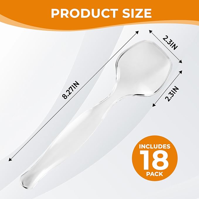 18 Count Disposable Clear Plastic Serving Spoons for Buffet, Large Serving Spoons Heavy Duty Disposable Serving Utensils for Catering Wedding Holiday Party Events (Clear, 18pcs spoons)