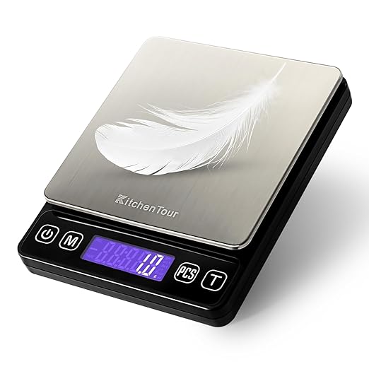 KitchenTour Digital Kitchen Gram Scale - 3000g/0.1g - High Accuracy Precision Food Scale with 9 Units(g/oz/ml/lb/lb:oz/gn/ozt/DWT/ct) - Meat Scale with Back-Lit LCD Display(Batteries Included)