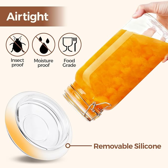 ComSaf Airtight Glass Jars with Lids 78oz Set of 3, Food Storage Canister Square - Storage Container with Clear Preserving Seal Wire Clip Fastening for Kitchen Canning Flour, Cereal, Pasta, Beans