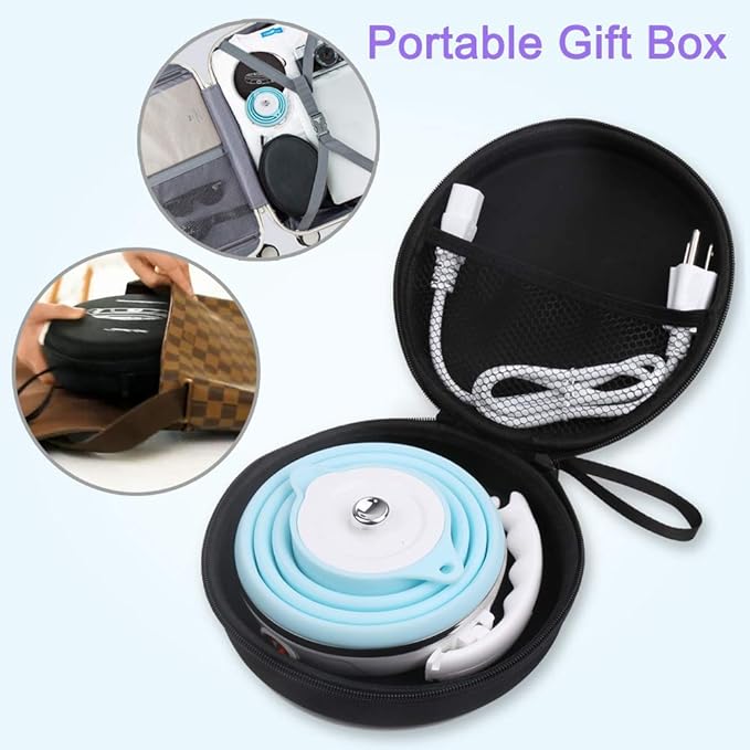 Upgrade Travel Kettle, ShineMe Food Grade Silicone Dual Voltage 110-220V Ultrathin Portable Electric Water Kettle with Cup, Universal Adaptor and Detachable Power Cord, 555ML (Blue)