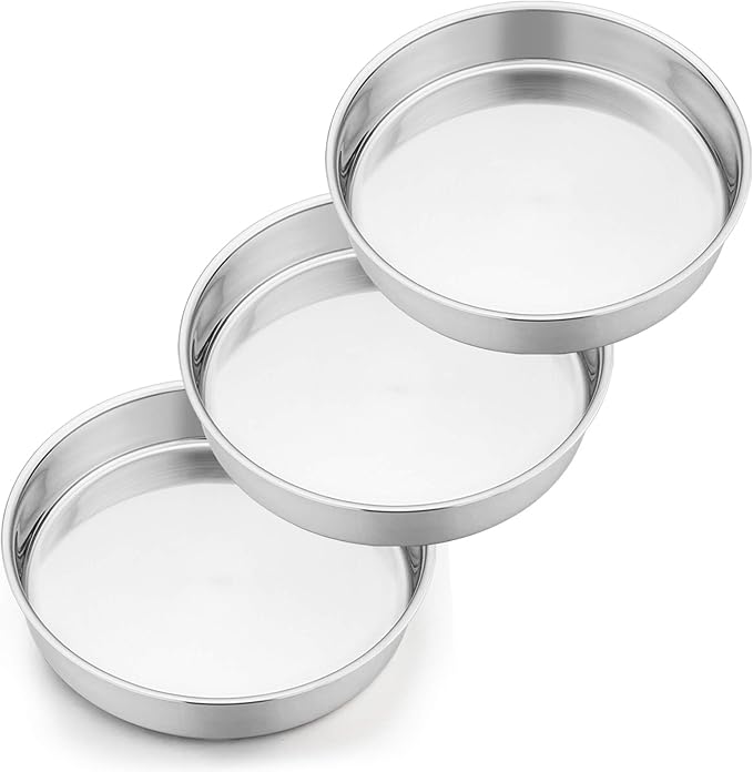 P&P CHEF 9.5 Inch Round Cake Pan Set of 3, Stainless Steel Round Baking Layer Pans Bakeware for Layer Birthday Cake, Fit Oven/Pots/Pressure Cooker, Leakproof & Dishwasher Safe, Silver