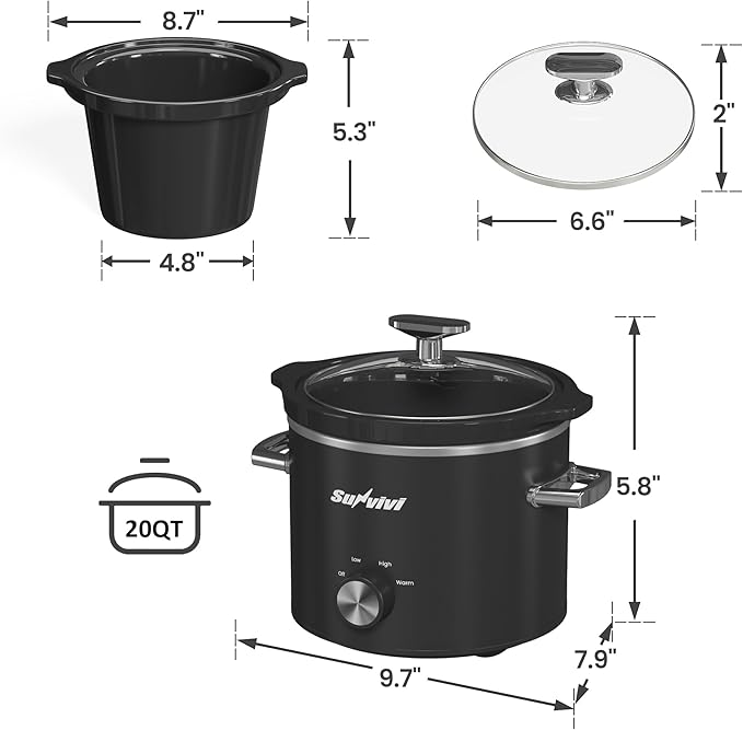 Sunvivi 2 Quart Slow Cooker, Small Slow Cooker with Removable Ceramic Pot, Food Warmer with 3 Heating Settings & Dishwasher Safe Glass Lid, Black