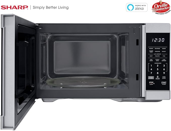 SHARP Countertop Microwave Oven Compatible with Alexa Orville Redenbacher's Certified with Removable 12.4" Carousel Turntable, 1000 Watt, 1.1 Cubic Feet, Stainless Steel