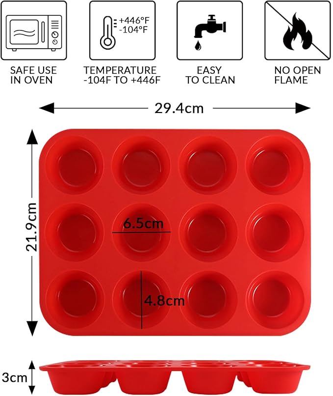 12 Cups Silicone Muffin Pan, Nonstick Cupcake Pan, Heat Resistant Silicone Muffin Tin, Reusable Cupcake Moulds Baking Pan for Cakes, Bread (Red-2 Packs)