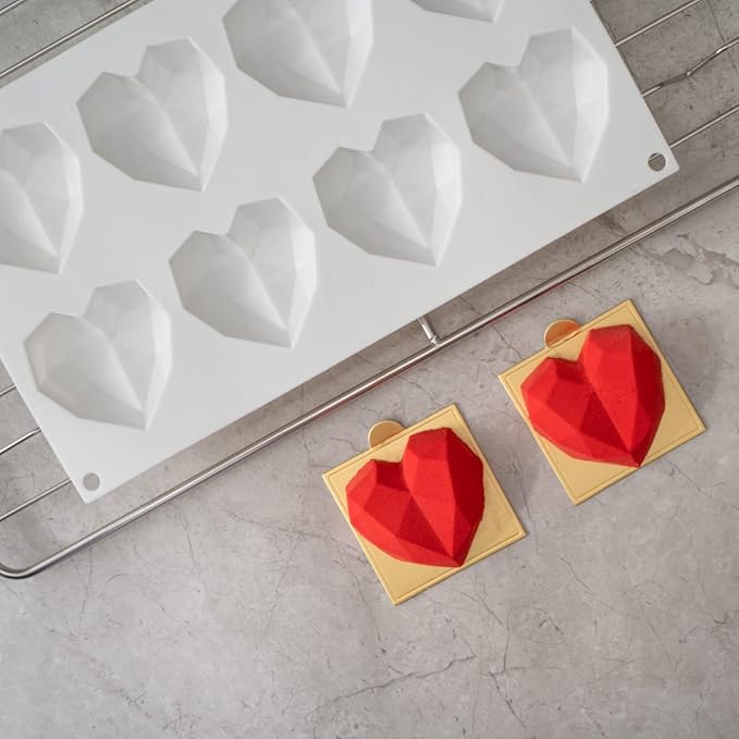 Pastry Tek 8 Cavities Diamond Heart Molds, 10 Oven-Ready Geometric Heart Molds - Flexible, Freezable, White Silicone Heart Baking Molds, Easy Release, For Baking - Restaurantware