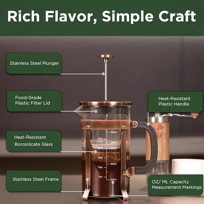 French Press Coffee Maker, 34 Ounce 1 Liter, Stainless Steel, Cold Brew Heat Resistant Borosilicate Glass Espresso Coffee & Tea Maker with 4 Filter