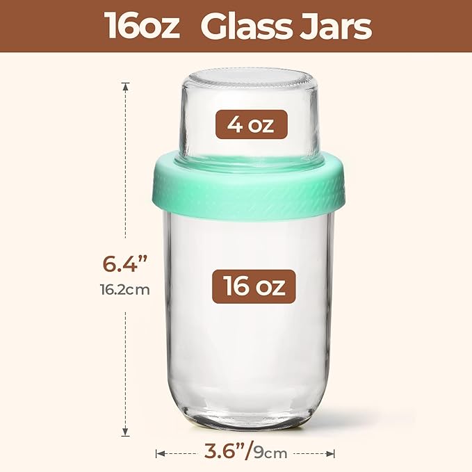 ComSaf Overnight Oats Containers with Lids (16oz+4oz, 6Pcs), Dual-Layer Chia Pudding Jars with Dry and Wet Separation, Yogurt Parfait Cups for Oatmeal Cereal Nut Fruit, Meal Prep Glass Jars for Salad
