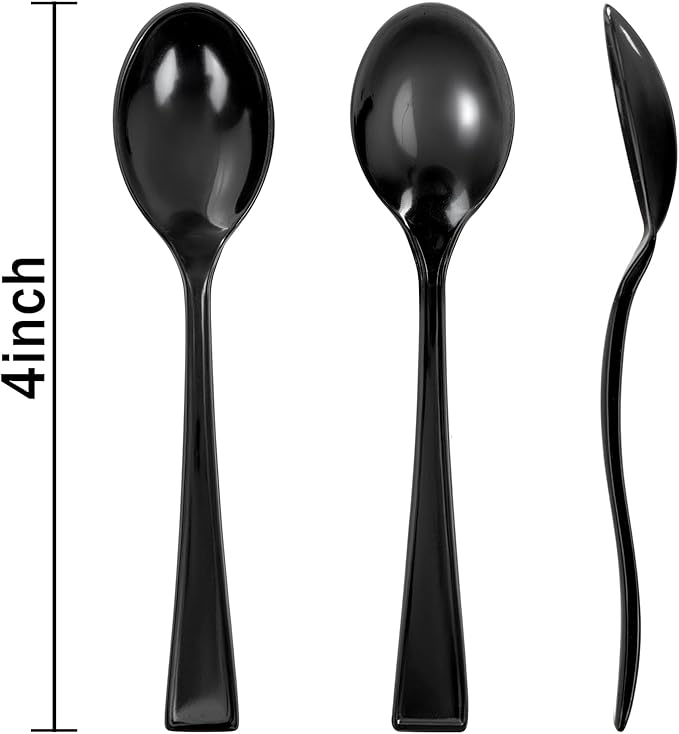 WDF 300 Pieces Black Plastic Mini Spoons-4 Inches Black Plastic Tasting Spoons for Desserts-Heavy Duty Plastic Spoons Perfect for Coffee/Cake/Desserts/Appetizers for New Year/Graduation/Wedding