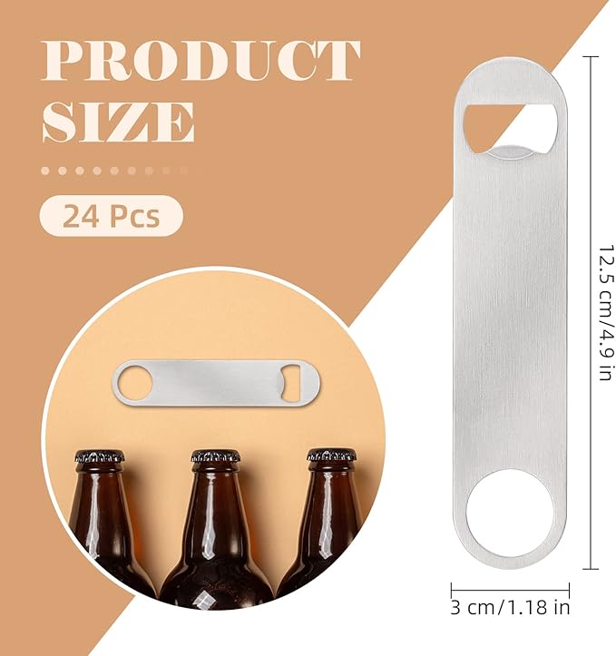 24 Pack Flat Beer Bottle Opener 5 inch Heavy Duty Stainless Steel Flat Bottle Opener Metal Beer Bottle Openers Silver Beer Openers for Bartender Kitchen Bar or Restaurant (Silver, 5 inch)