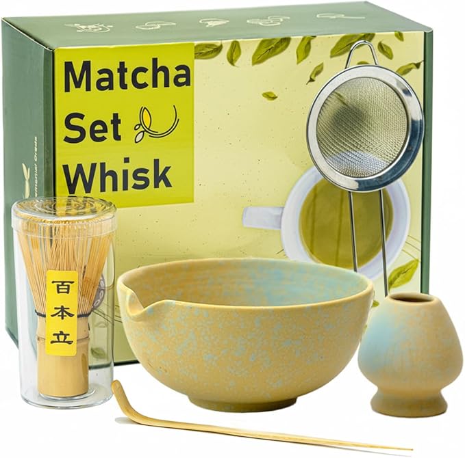 Matcha Whisk Set,Matcha Set,Matcha Kit,Matcha Bowl with Spout,Scoop,Sifter,Bamboo Whisk,Chasen Holder,Unique Gifts for Women Grifend,Gifts for Christmas, Birthday,Halloween(Yellow)