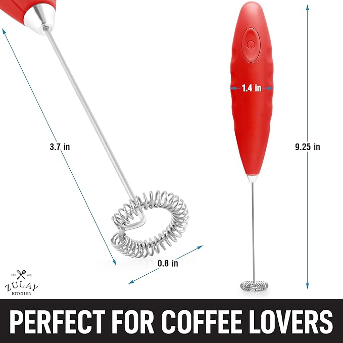 Zulay Double Grip Milk Frother with Holster Stand – Handheld Electric Coffee Frother, One-Touch Foam Maker – Detachable SS Whisk for Latte, Cappuccino, Matcha, Hot Chocolate – Red