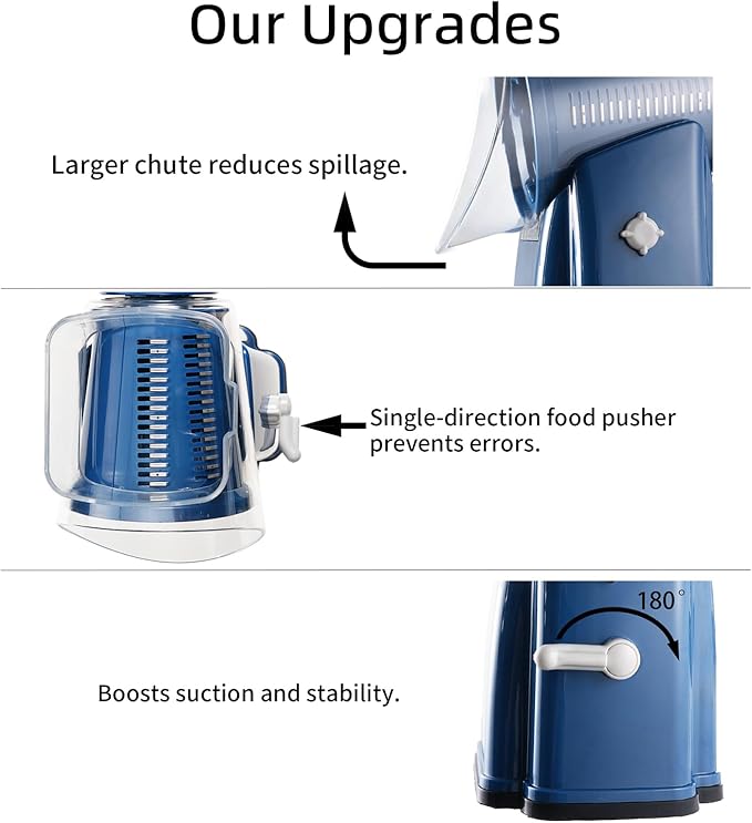 Rotary Cheese Grater Shredder - Upgraded 5 in 1 Cheese Grater with Handle and Strong Suction Base, Multi-purpose Julienne Slicer Ice Shaver Nuts Grinder for Ice, Vegetables, Fruit, Nuts