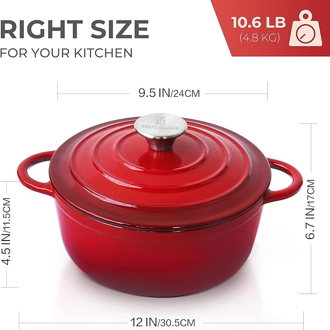 Trustmade 4.5 QT Cast Iron Dutch Oven, Enamel Coated Cookware Pot with Self Basting Lid for Home Baking, Braiser, Cooking, Red