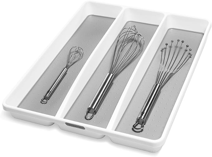 madesmart Classic Large Utensil Tray, Soft Grip, Non-Slip Kitchen Drawer Organizer, 3 Compartments, Multi-Purpose Home Organization, BPA Free, White