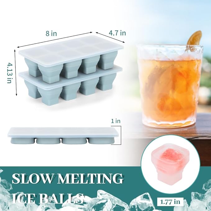 Foldable Ice Cube Trays, 2 Pack Folding Ice Cubes Maker Molds with Lid for Freezer, Easy-Release Silicone Ice Cube Tray Making, Ice Chilling Cocktail、Whiskey、Tea、Coffee、Ice Cream Maker、Baby Food