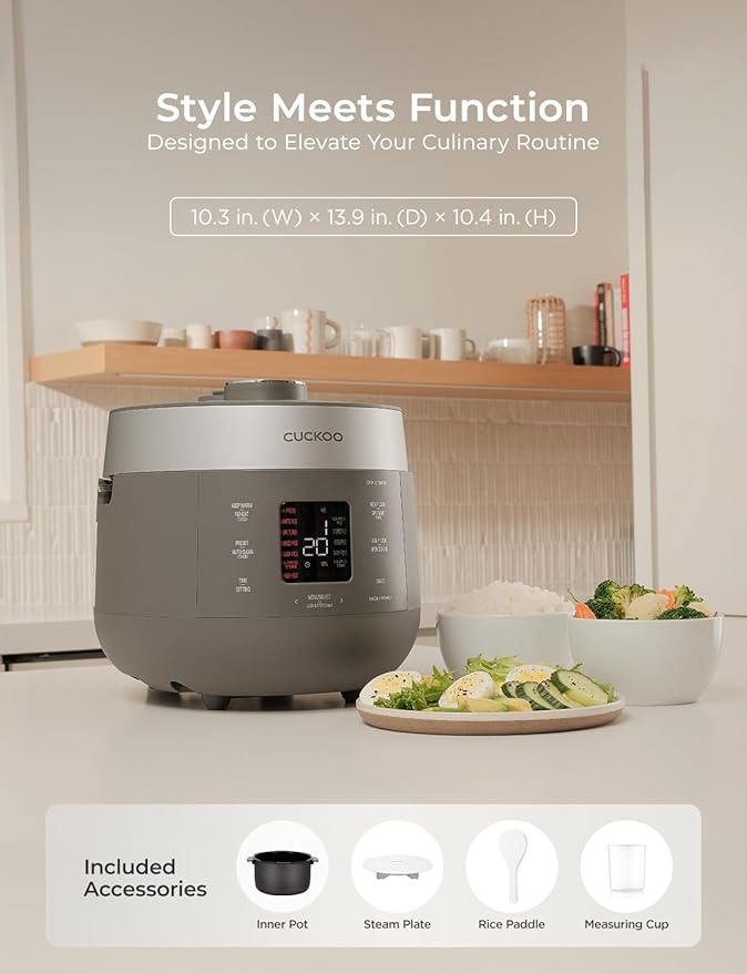 CUCKOO Twin Pressure Rice Cooker 6-Cup Uncooked / 12-Cup Cooked with Nonstick Inner Pot, Versatile Rice Maker & Warmer with 16 Menu Options, Open Cooking Mode, Voice Guide, Gray (CRP-ST0609FG)