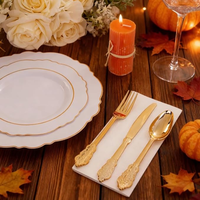 WDF 300 Pieces Gold Plastic Silverware Disposable - Heavy Duty Thanksgiving Plastic Cutlery - Gold Silverware Sets Includes 100 Forks, 100 Spoons, 100 Knives