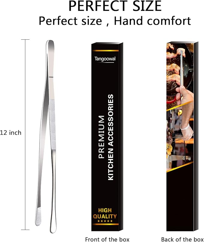 12-Inch Professional Kitchen & Cooking Tweezers Tongs - Stainless Steel Long Tweezer Tongs - BBQ,Plating,Multi-use