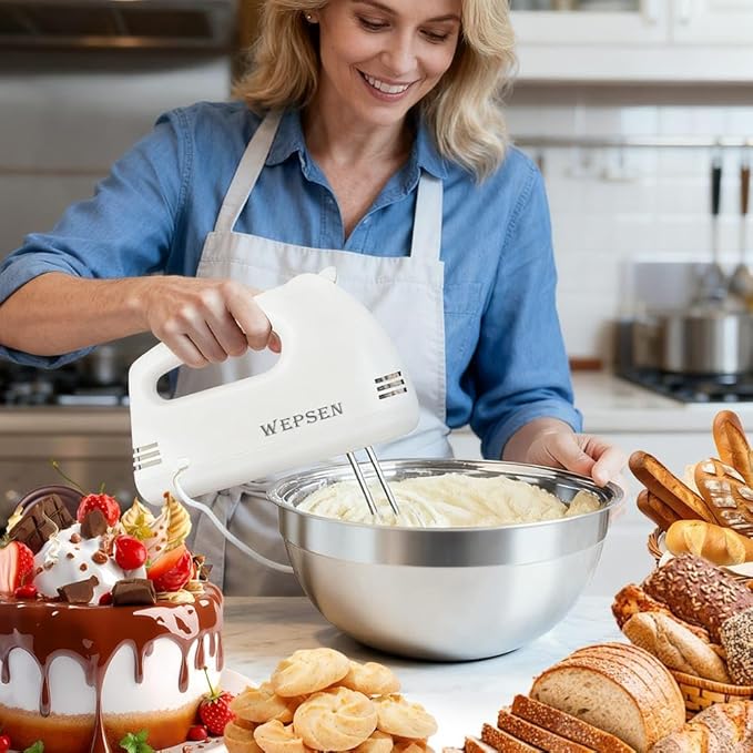 Hand Mixer Electric Mixing Bowls Set, 5 Speeds Handheld Mixer with 4 Nesting Stainless Steel Mixing Bowl, Measuring Cups Spoons 200W Kitchen Blender Whisk Beater Baking Supplies For Beginner