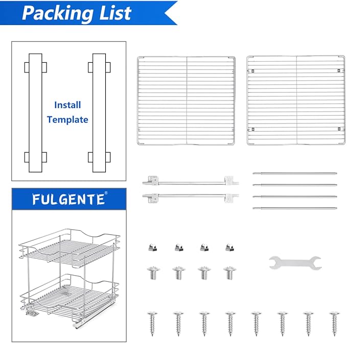 FULGENTE Chrome Finish Pull Out Drawer Cabinet Organizer 20" Wx18 Dx15.12''H 2 Tier Heavy Duty Slide Out Kitchen Storage Shelves Wire Frame Under Shelf Sliding Drawers for Inside Cupboard