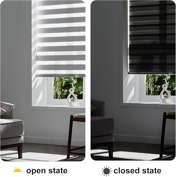Persilux Cordless Zebra Blinds for Windows Free-Stop Roller Windows Shades (31" W X 72" H, Grey) Dual Layer Light Control for Day and Night, Light Filtering Sheer Shades for Home
