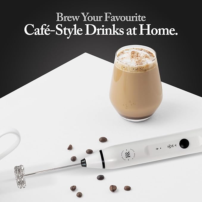 Frother Handheld - Powerful Coffee Frother Wand Rechargeable, Ultra Fast Milk Frother Handheld, Electric Whisk Drink Mixer with Stainless Steel for Coffee, Lattes, Matcha | White
