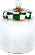 MACKENZIE-CHILDS Large Kitchen Canister, Decorative Glass Storage Jar with Lid, Green-and-White Emerald Check