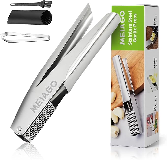 Garlic Press, Stainless Steel Garlic & Ginger Crusher, with Built-In Cleaner, Rust Resistant, No Peel, Large Capacity, Easy Clean，Dishwasher Safe，Silver