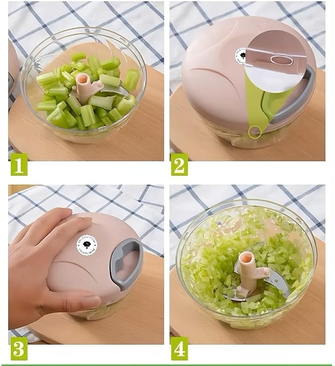 Manual Vegetable Chopper – Hand Pull Food Processor with 3 Stainless Steel Blades, BPA-Free Bowl, Ergonomic Handle – Garlic Onion Mincer for Kitchen, Camping, RV & Outdoor Use – Pink, 900ml
