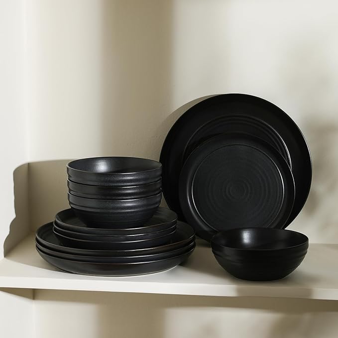 Stone Lain Elio 12-Piece Dinnerware Set Stoneware, Plates and Bowls Set, Dish Set for 4, Black
