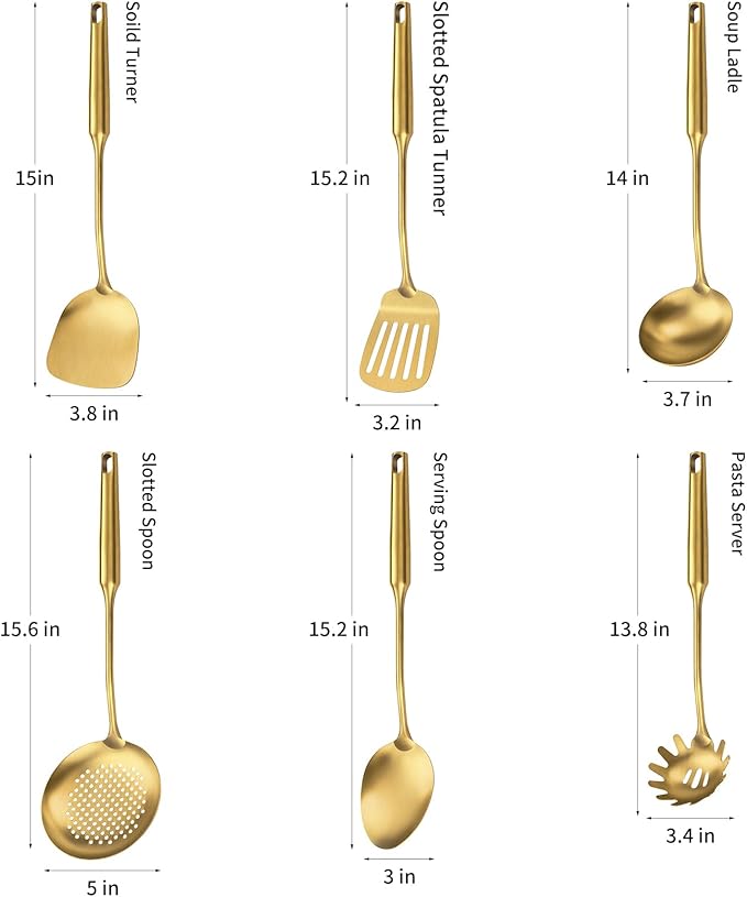 304 Stainless Steel Cooking Utensil,Kitchen Utensil with Spatula, Solid Spoon, Ladle, Skimmer, Spaghetti Spoon, 6 Piece Set, Dishwasher Safe(Gold)