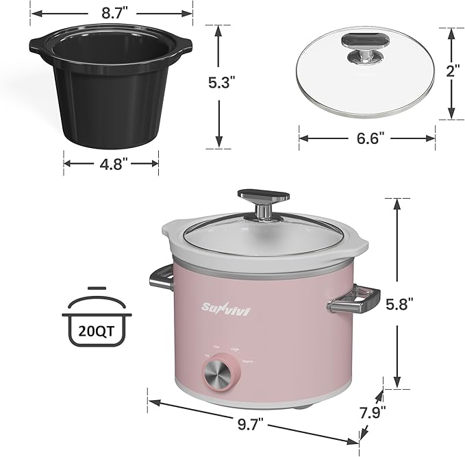 Sunvivi 2 Quart Slow Cooker, Small Slow Cooker with Removable Ceramic Pot, Food Warmer with 3 Heating Settings & Dishwasher Safe Glass Lid, Pink