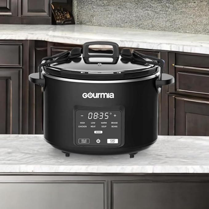 Gourmiia 4.5 Qt Programmable Slow Cooker with 5 Presets, Slow Cook, Digital Timer, Keep Warm Function, Nonstick Interior, Dishwasher Safe, Black