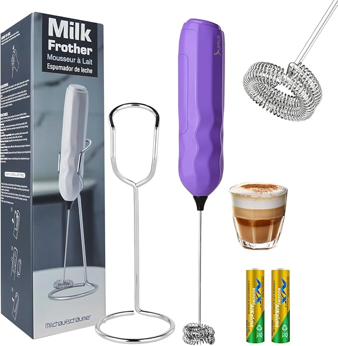 SUPRUS Ultra Fast Handheld Milk Frother Double Whisk with Stand 2 Batteries Stainless Steel for Lattes Cappuccino Matcha Hot Chocolate Coffee Bar Accessories Kitchen Gadgets Gift