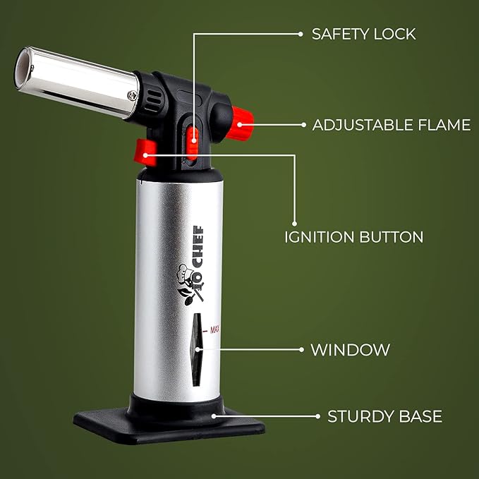 Jo Chef Kitchen Torch with Butane Included – Refillable Lighter with Safety Lock & Adjustable Flame, Blow Culinary Torch for Cooking, BBQ, Creme Brulee, DIY and Soldering - 1 Can (5.07oz) Included