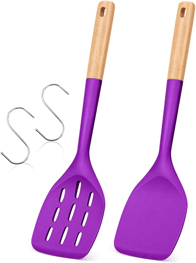 Pack of 2 Silicone Spatula, Non Stick Cooking Utensil Set, Wooden Handle Kitchen Turner for Baking Mixing Grilling Serving Food Heat Resistant (BERRY)