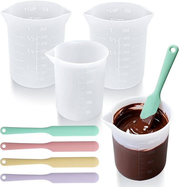 Palksky Silicone Chocolate Melting Cup Set with 4 Silicone Measuring Cups (250ml & 350ml) and 4PCS Heat-Resistant Jar Spatulas, Non-Stick Baking Tools for DIY Chocolate, Butter & Cream Mixing