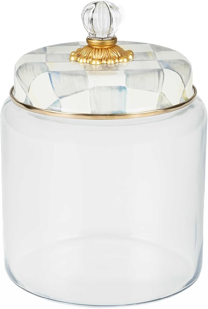 MACKENZIE-CHILDS Sterling Check Kitchen Canister, Decorative Gray-and-White Glass Storage Jar with Lid, Large