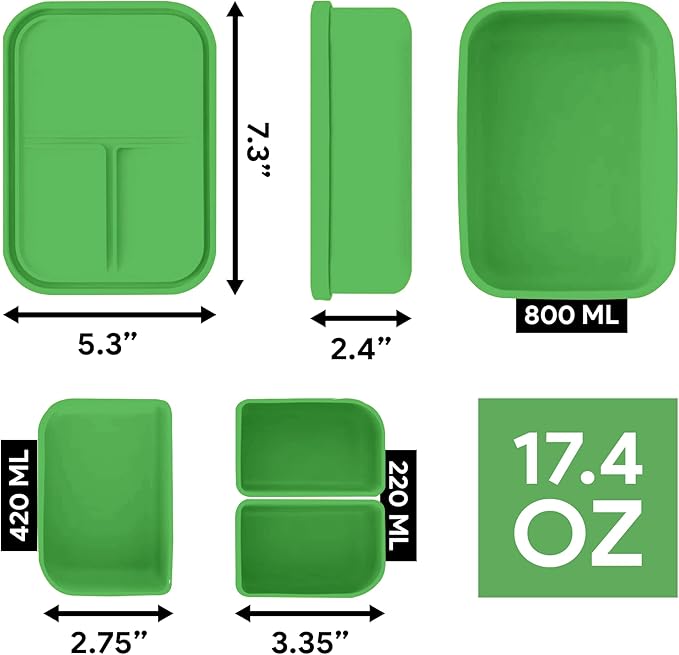 Platinum Silicone Bento Lunch Box Set of 2 – 3 Compartments, Leakproof, Versatile, Durable, Microwave & Freezer Safe, Meal Prep, Food Storage for All Ages (Watermelon Green & Gold Honey)