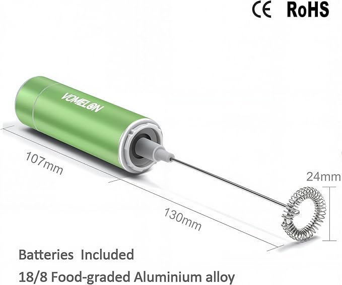 Electric Milk Frother Handheld,Travel Coffee Drink Mixer Batteries Included, 304 Stainless Steel Whisk for latte Cappuccino,Bulletproof Coffee Hot Chocolate,Egg-Grass Green