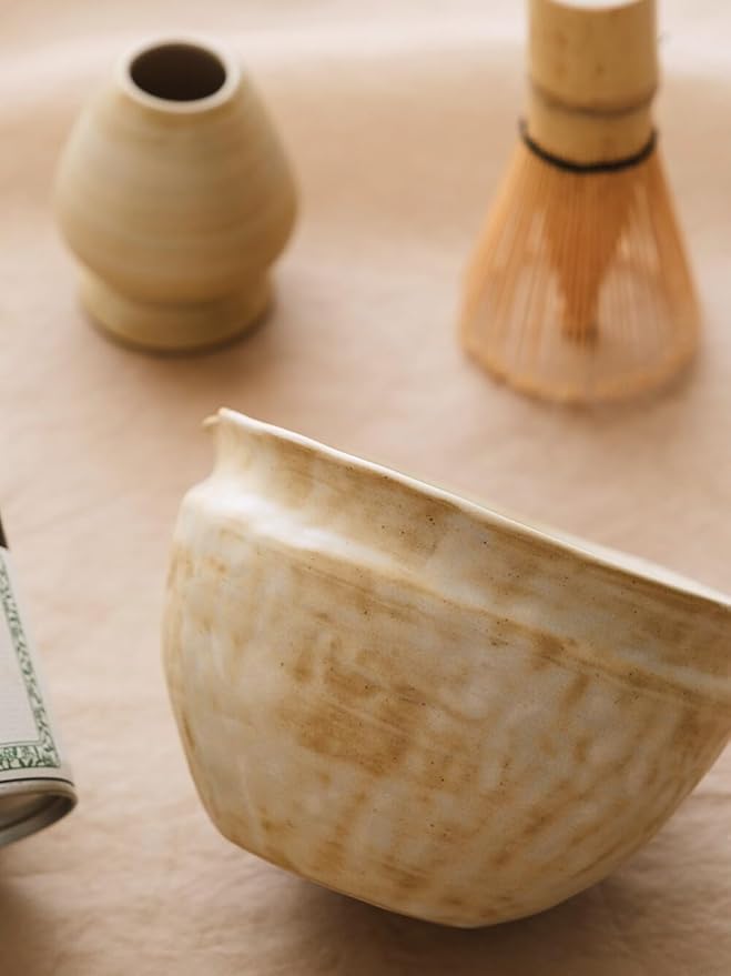 6-pcs Japanese Matcha Whisk Set with Handmade Wabi-Sabi Ceramic Bowl(Chawan),Bamboo Chasen, Whisk Holder, Scoop, Sifter & Tea Towel,Matcha Ceremony Kit,(Sandstone Reactive Glaze)