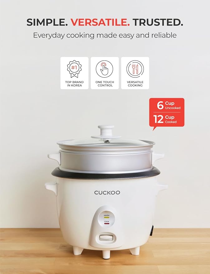 CUCKOO One Touch Rice Cooker 12-Cup Cooked, Small Rice Cooker & Warmer with Steamer Tray, Versatile Grain Cooker, Soup Maker, Auto Keep Warm, 6-Cup Uncooked, White (CR-0601C)