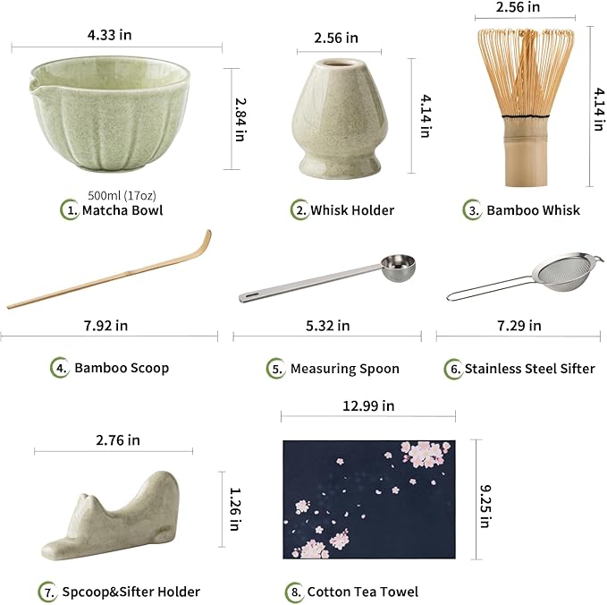 8 Pcs Matcha Whisk Set - HTRCXB Matcha Set with Ceramic Bowl, Bamboo Whisk & Holder, Scoop, Sifter, Measuring Spoon, Scoop Rest & Tea Towel, Complete Gift Kit for Beginners & Tea Lovers
