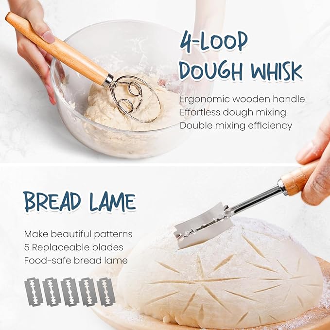 Rorecay Banneton Bread Proofing Baskets Set of 2, 10 Inch Oval Cane Sourdough Bread Rising Basket Bowls with Sourdough Bread Lame Dough Scraper Basting Brush for Sour Dough Proofing Fermentation