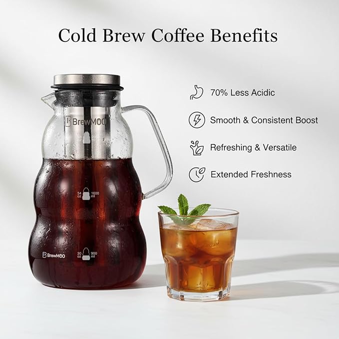 BrewMOO- Cold Brew Coffee Maker (2.0L/68Oz), Sleek Wave Borosilicate Glass Pitcher with Stainless Steel Filter, Airtight Lid + Wide Spout + Comfort Handle, Effortless Manual, Sophisticated Gift