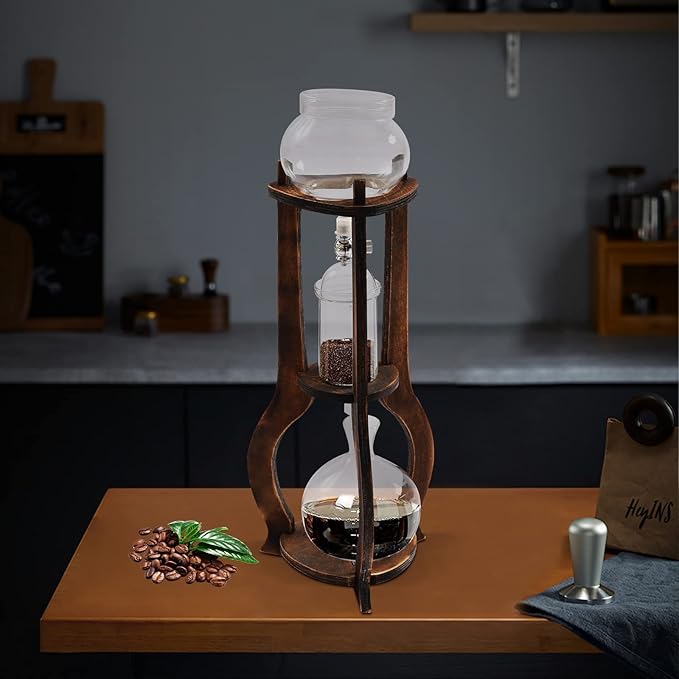 Cold Brew Coffee Maker, 600 ml/20.29 oz Iced Coffee Tower Dripper Coffee Maker & Tea Maker 6-8 Cups, High Borosilicate Glass, Wood, 304 Stainless Steel, Copper - for Home Office (Brown)